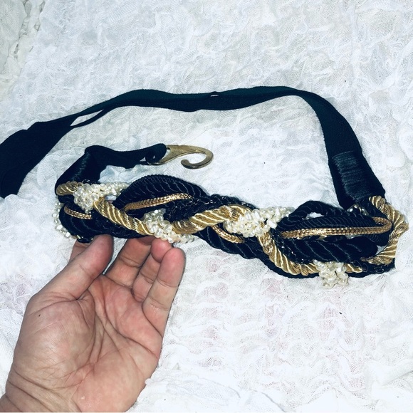 Vintage Black and Gold Braided Belt with Pearl Accents- elastic strap - hook - Picture 6 of 6